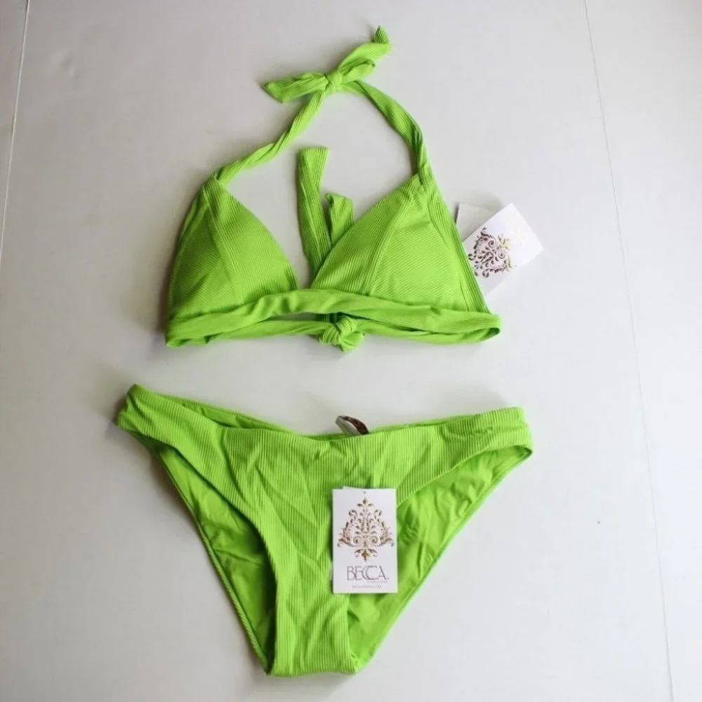 Becca by Rebecca Fine Line Ribbed Halter Bikini Top AND Bottoms Kiwi NEW Medium